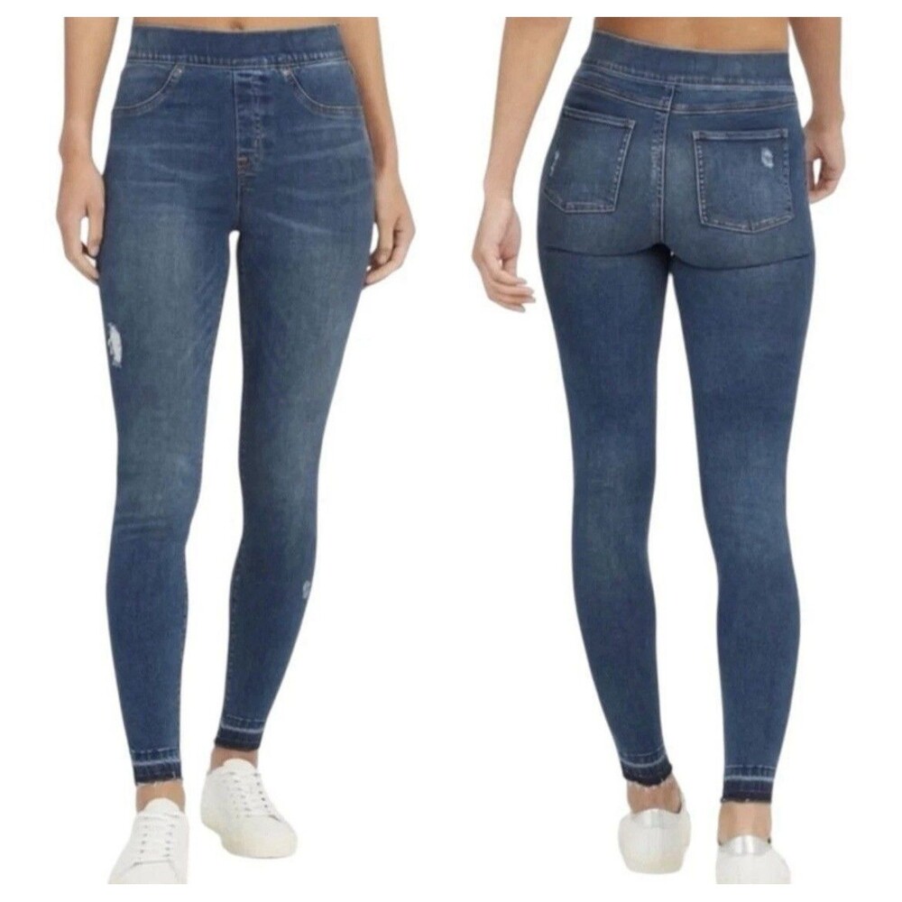 SPANX Distressed Ankle Skinny Jeans Medium Wash Raw Hem High Rise Pull On Size M